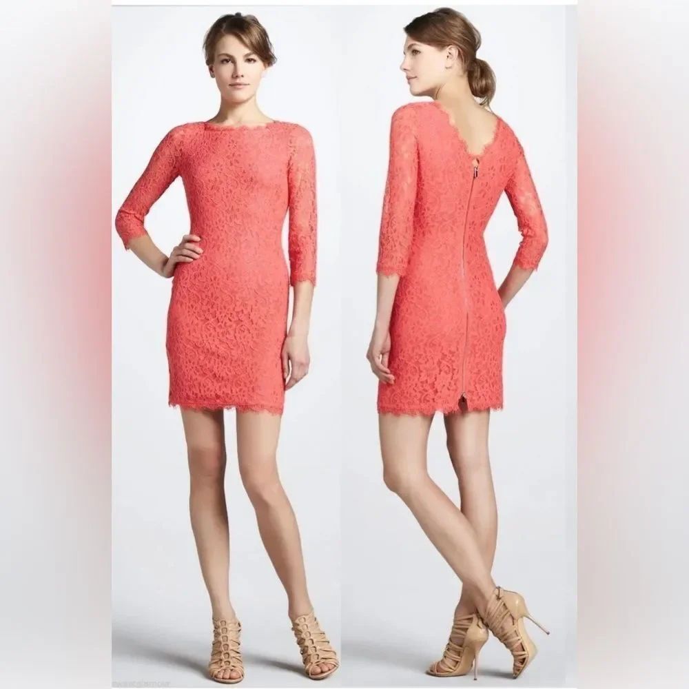 Diane Von Furstenberg Coral Long Sleeve Lace Dress, US8
